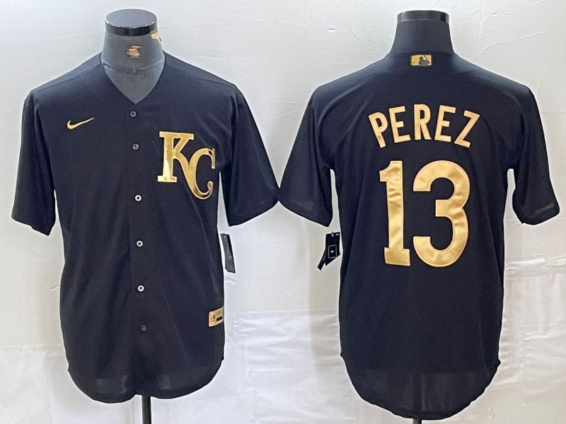 Men Kansas City Royals 13 Perez Black gold 4 th generation Nike 2024 MLB Jersey style 1